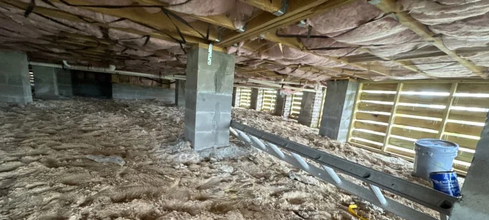 Crawlspace with unfaced fiberglass insulation between floor joists