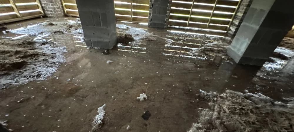 Standing water pooled on the ground under the house after rain