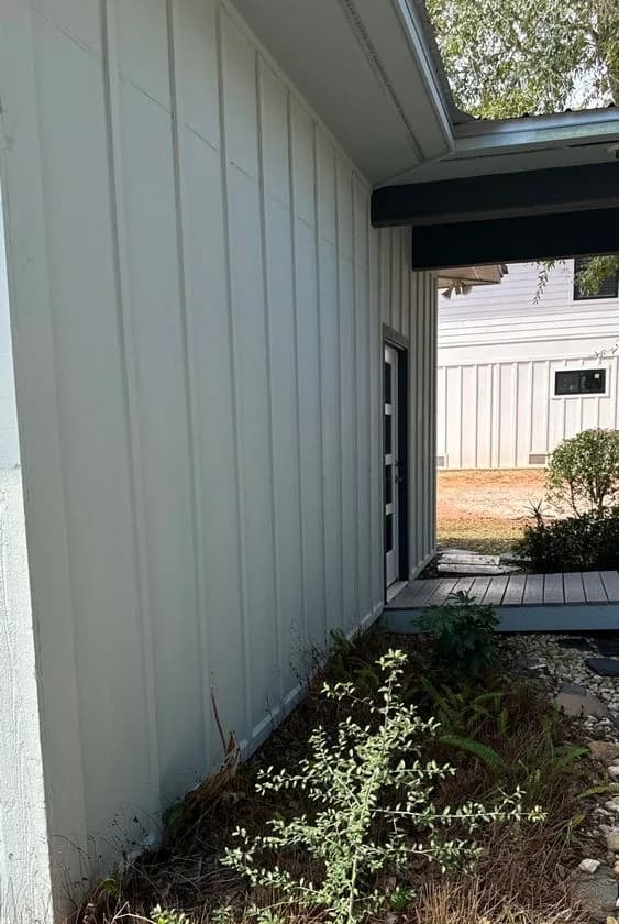 Siding meeting the ground and plants at the base of a wall