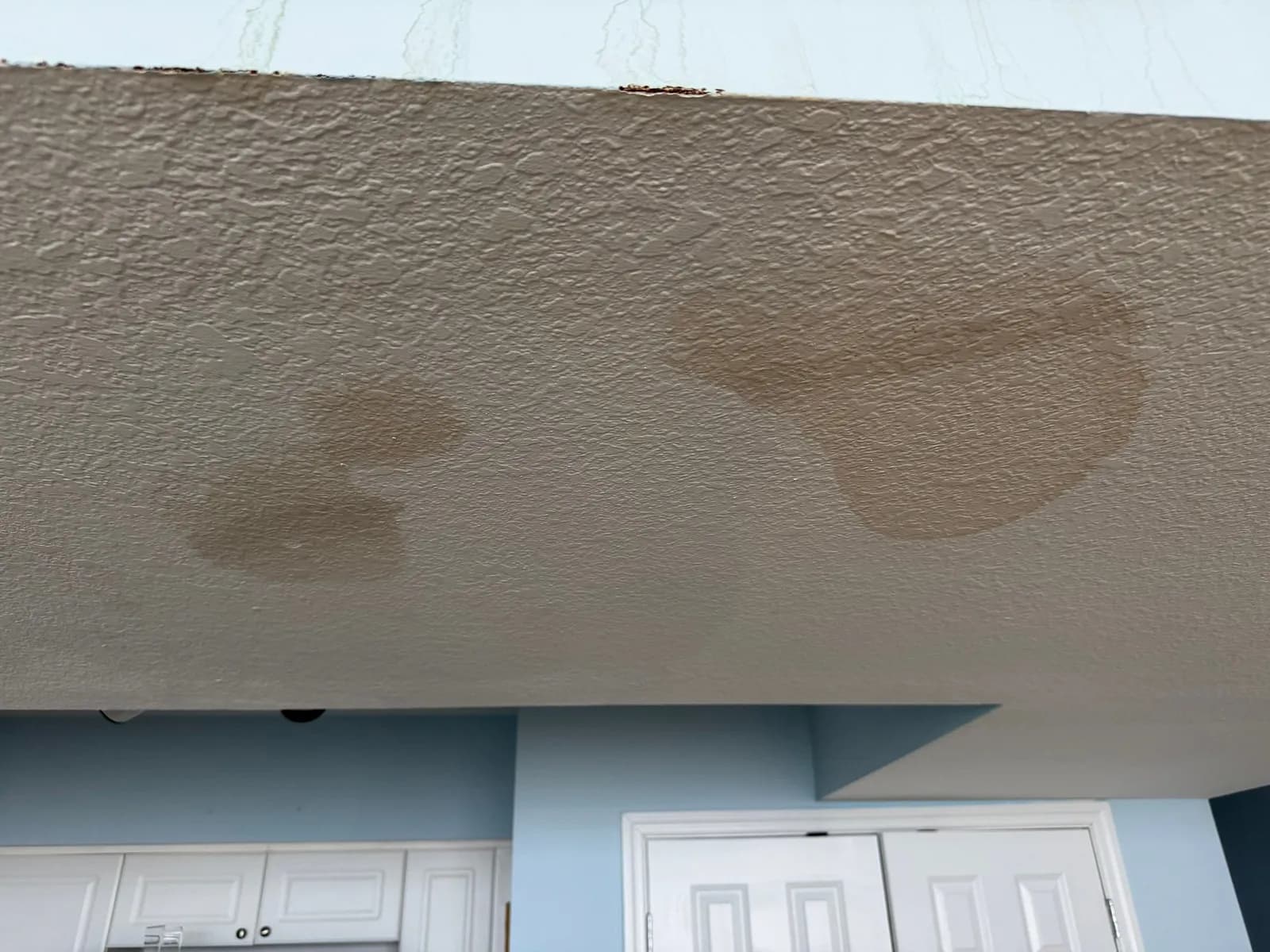 Textured ceiling with two large tan water stains above white cabinets and closet doors.